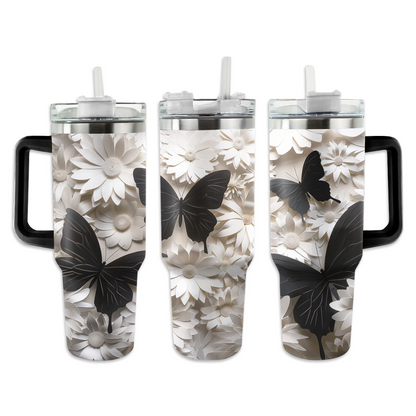 Printliant Tumbler Elegant 3D Black Butterflies Flowers